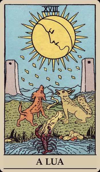 A Lua no baralho Rider-Waite de 1909: Lua com rosto entre duas torres, um cão e um lobo a uivar e um lagostim a sair de um lago